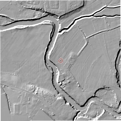 Shaded relief map of the ground around M419QP, computed from Environment Agency LiDAR. The ground here sits at about 17 m above sea level and falls 9 m across the surrounding 800 m. Surface water reaching this point runs off ground lying to the south, 3.6 m higher.