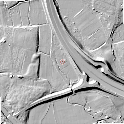 Shaded relief map of the ground around M419WL, computed from Environment Agency LiDAR. The ground here sits at about 19 m above sea level and falls 19 m across the surrounding 800 m. Surface water reaching this point runs off ground lying to the east-south-east, 12.1 m higher.