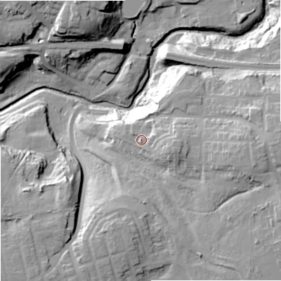 Shaded relief map of the ground around M437RX, computed from Environment Agency LiDAR. The ground here sits at about 79 m above sea level and falls 35 m across the surrounding 800 m. Surface water reaching this point runs off ground lying to the east, 5.7 m higher.
