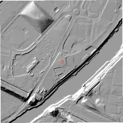 Shaded relief map of the ground around M445AL, computed from Environment Agency LiDAR. The ground here sits at about 20 m above sea level and falls 23 m across the surrounding 800 m. Surface water reaching this point runs off ground lying to the west-south-west, 0.8 m higher.