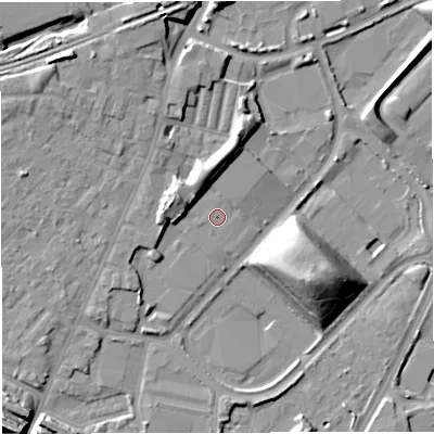 Shaded relief map of the ground around M445AY, computed from Environment Agency LiDAR. The ground here sits at about 18 m above sea level and falls 17 m across the surrounding 800 m. Surface water reaching this point runs off ground lying to the north, 5.9 m higher.