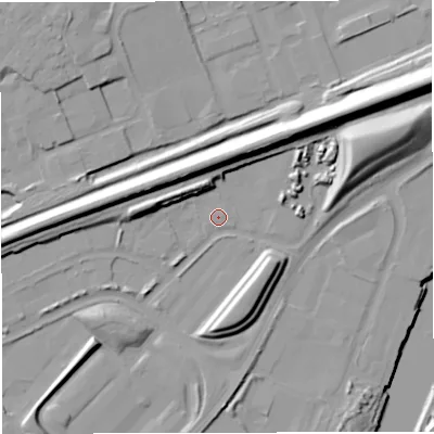 Shaded relief map of the ground around M445BA, computed from Environment Agency LiDAR. The ground here sits at about 16 m above sea level and falls 23 m across the surrounding 800 m. Surface water reaching this point runs off ground lying to the north-west, 7.6 m higher.