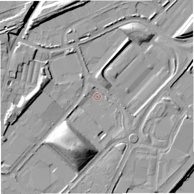 Shaded relief map of the ground around M445BF, computed from Environment Agency LiDAR. The ground here sits at about 15 m above sea level and falls 22 m across the surrounding 800 m. Surface water reaching this point runs off ground lying to the south-south-west, 16.0 m higher.