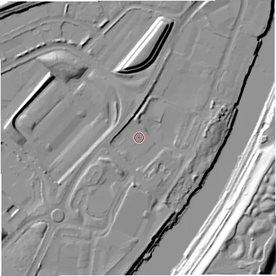 Shaded relief map of the ground around M445BP, computed from Environment Agency LiDAR. The ground here sits at about 14 m above sea level and falls 21 m across the surrounding 800 m. Surface water reaching this point runs off ground lying to the south-west, 2.2 m higher.