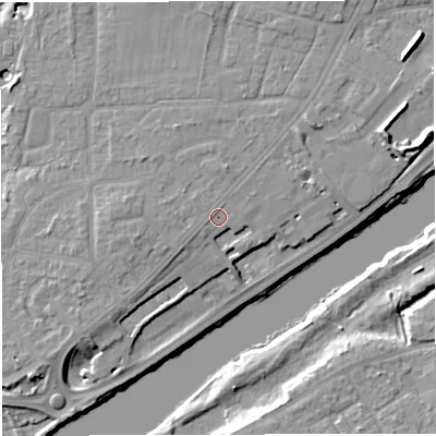 Shaded relief map of the ground around M445DT, computed from Environment Agency LiDAR. The ground here sits at about 15 m above sea level and falls 11 m across the surrounding 800 m. Surface water reaching this point runs off ground lying to the west, 0.9 m higher.