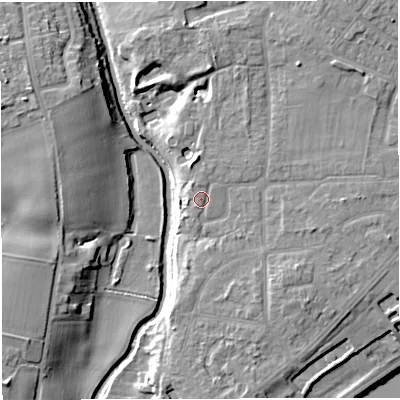 Shaded relief map of the ground around M445EE, computed from Environment Agency LiDAR. The ground here sits at about 15 m above sea level and falls 13 m across the surrounding 800 m. Surface water reaching this point runs off ground lying to the north, 1.1 m higher.