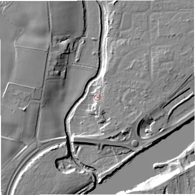 Shaded relief map of the ground around M445EP, computed from Environment Agency LiDAR. The ground here sits at about 14 m above sea level and falls 11 m across the surrounding 800 m. Surface water reaching this point runs off ground lying to the south-east, 7.0 m higher.