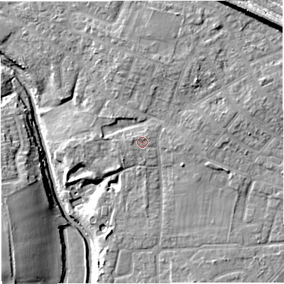 Shaded relief map of the ground around M445ET, computed from Environment Agency LiDAR. The ground here sits at about 16 m above sea level and falls 17 m across the surrounding 800 m. Surface water reaching this point runs off ground lying to the east-north-east, 0.9 m higher.