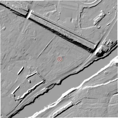 Shaded relief map of the ground around M445GJ, computed from Environment Agency LiDAR. The ground here sits at about 14 m above sea level and falls 23 m across the surrounding 800 m. Surface water reaching this point runs off ground lying to the north, 15.7 m higher.
