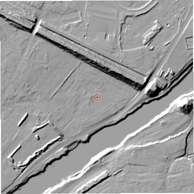 Shaded relief map of the ground around M445GN, computed from Environment Agency LiDAR. The ground here sits at about 14 m above sea level and falls 23 m across the surrounding 800 m. Surface water reaching this point runs off ground lying to the north-north-west, 1.8 m higher.