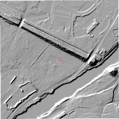 Shaded relief map of the ground around M445GP, computed from Environment Agency LiDAR. The ground here sits at about 14 m above sea level and falls 23 m across the surrounding 800 m. Surface water reaching this point runs off ground lying to the north, 17.2 m higher.