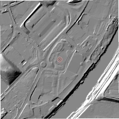 Shaded relief map of the ground around M445GR, computed from Environment Agency LiDAR. The ground here sits at about 16 m above sea level and falls 22 m across the surrounding 800 m. The ground contributing surface water to this point lies to the south-east.