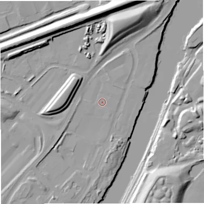 Shaded relief map of the ground around M445PN, computed from Environment Agency LiDAR. The ground here sits at about 14 m above sea level and falls 22 m across the surrounding 800 m. Surface water reaching this point runs off ground lying to the south-south-east, 0.6 m higher.