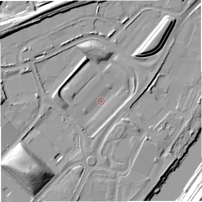 Shaded relief map of the ground around M445PP, computed from Environment Agency LiDAR. The ground here sits at about 13 m above sea level and falls 22 m across the surrounding 800 m. Surface water reaching this point runs off ground lying to the south-south-west, 5.1 m higher.