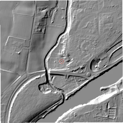 Shaded relief map of the ground around M445UH, computed from Environment Agency LiDAR. The ground here sits at about 11 m above sea level and falls 12 m across the surrounding 800 m. Surface water reaching this point runs off ground lying to the east-south-east, 6.3 m higher.