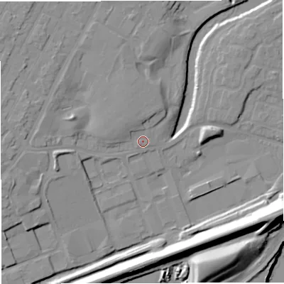 Shaded relief map of the ground around M446BA, computed from Environment Agency LiDAR. The ground here sits at about 16 m above sea level and falls 24 m across the surrounding 800 m. Surface water reaching this point runs off ground lying to the north-north-west, 3.3 m higher.