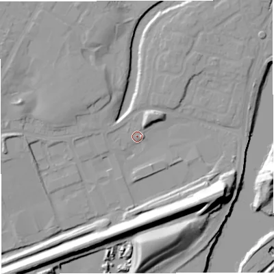 Shaded relief map of the ground around M446BD, computed from Environment Agency LiDAR. The ground here sits at about 15 m above sea level and falls 24 m across the surrounding 800 m. Surface water reaching this point runs off ground lying to the north-east, 5.8 m higher.