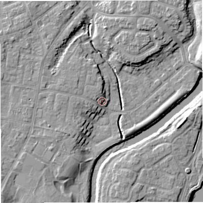 Shaded relief map of the ground around M446BF, computed from Environment Agency LiDAR. The ground here sits at about 17 m above sea level and falls 13 m across the surrounding 800 m. Surface water reaching this point runs off ground lying to the north-west, 4.2 m higher.