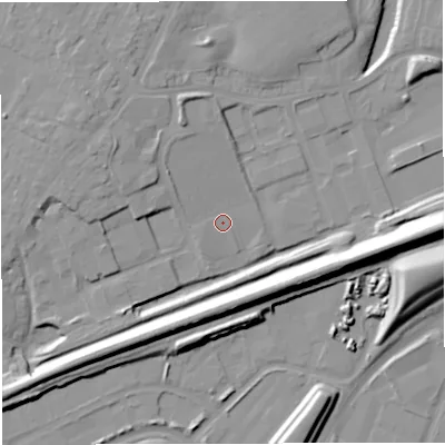 Shaded relief map of the ground around M446BL, computed from Environment Agency LiDAR. The ground here sits at about 15 m above sea level and falls 20 m across the surrounding 800 m. Surface water reaching this point runs off ground lying to the north-north-west, 3.7 m higher.