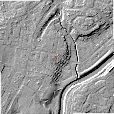 Shaded relief map of the ground around M446BS, computed from Environment Agency LiDAR. The ground here sits at about 18 m above sea level and falls 11 m across the surrounding 800 m. Surface water reaching this point runs off ground lying to the north-north-west, 1.5 m higher.