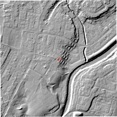 Shaded relief map of the ground around M446BT, computed from Environment Agency LiDAR. The ground here sits at about 19 m above sea level and falls 10 m across the surrounding 800 m. Surface water reaching this point runs off ground lying to the north-north-west, 1.8 m higher.
