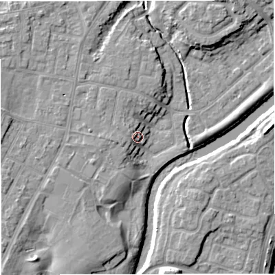 Shaded relief map of the ground around M446BU, computed from Environment Agency LiDAR. The ground here sits at about 17 m above sea level and falls 12 m across the surrounding 800 m. Surface water reaching this point runs off ground lying to the north-north-west, 3.4 m higher.