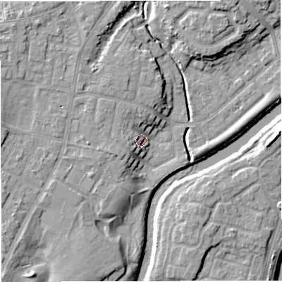 Shaded relief map of the ground around M446BX, computed from Environment Agency LiDAR. The ground here sits at about 16 m above sea level and falls 12 m across the surrounding 800 m. Surface water reaching this point runs off ground lying to the west-south-west, 5.4 m higher.