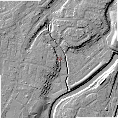 Shaded relief map of the ground around M446BY, computed from Environment Agency LiDAR. The ground here sits at about 16 m above sea level and falls 14 m across the surrounding 800 m. Surface water reaching this point runs off ground lying to the west-north-west, 3.2 m higher.