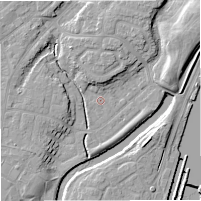 Shaded relief map of the ground around M446DG, computed from Environment Agency LiDAR. The ground here sits at about 14 m above sea level and falls 15 m across the surrounding 800 m. Surface water reaching this point runs off ground lying to the north-east, 10.2 m higher.