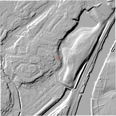 Shaded relief map of the ground around M446DL, computed from Environment Agency LiDAR. The ground here sits at about 20 m above sea level and falls 11 m across the surrounding 800 m. Surface water reaching this point runs off ground lying to the north-north-west, 2.6 m higher.