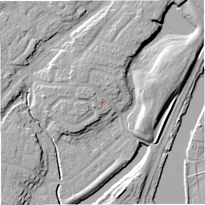 Shaded relief map of the ground around M446DN, computed from Environment Agency LiDAR. The ground here sits at about 19 m above sea level and falls 11 m across the surrounding 800 m. Surface water reaching this point runs off ground lying to the north-north-east, 3.6 m higher.