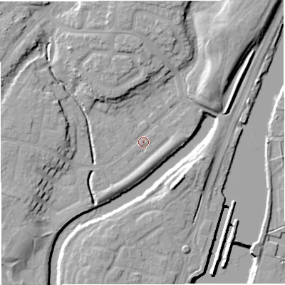 Shaded relief map of the ground around M446DQ, computed from Environment Agency LiDAR. The ground here sits at about 14 m above sea level and falls 15 m across the surrounding 800 m. Surface water reaching this point runs off ground lying to the north-east, 9.0 m higher.