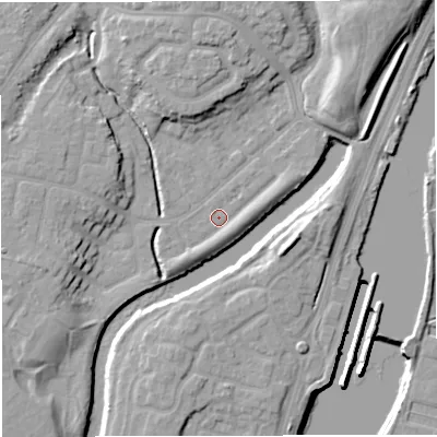 Shaded relief map of the ground around M446DR, computed from Environment Agency LiDAR. The ground here sits at about 14 m above sea level and falls 15 m across the surrounding 800 m. Surface water reaching this point runs off ground lying to the south-west, 2.0 m higher.
