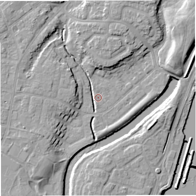 Shaded relief map of the ground around M446DS, computed from Environment Agency LiDAR. The ground here sits at about 14 m above sea level and falls 15 m across the surrounding 800 m. Surface water reaching this point runs off ground lying to the north-east, 10.4 m higher.