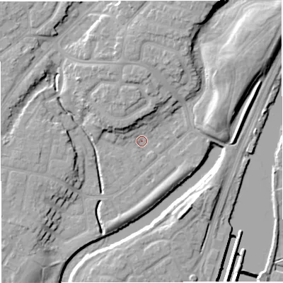 Shaded relief map of the ground around M446DT, computed from Environment Agency LiDAR. The ground here sits at about 14 m above sea level and falls 14 m across the surrounding 800 m. Surface water reaching this point runs off ground lying to the north-east, 9.1 m higher.