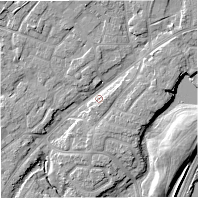 Shaded relief map of the ground around M446EH, computed from Environment Agency LiDAR. The ground here sits at about 20 m above sea level and falls 10 m across the surrounding 800 m. Surface water reaching this point runs off ground lying to the east, 5.0 m higher.