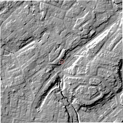Shaded relief map of the ground around M446FE, computed from Environment Agency LiDAR. The ground here sits at about 17 m above sea level and falls 10 m across the surrounding 800 m. Surface water reaching this point runs off ground lying to the west-south-west, 4.2 m higher.