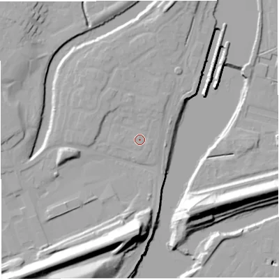 Shaded relief map of the ground around M446GG, computed from Environment Agency LiDAR. The ground here sits at about 14 m above sea level and falls 24 m across the surrounding 800 m. Surface water reaching this point runs off ground lying to the north-north-east, 1.4 m higher.