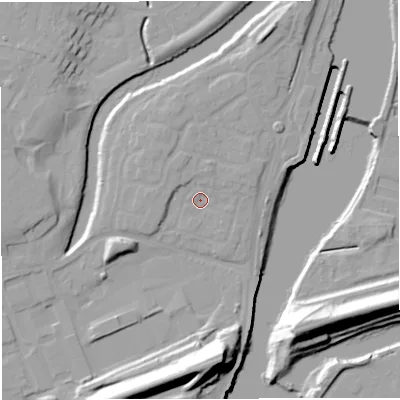 Shaded relief map of the ground around M446GJ, computed from Environment Agency LiDAR. The ground here sits at about 14 m above sea level and falls 24 m across the surrounding 800 m. Surface water reaching this point runs off ground lying to the north-north-east, 6.1 m higher.