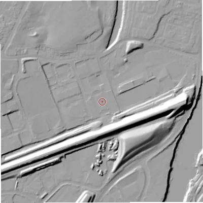 Shaded relief map of the ground around M446GP, computed from Environment Agency LiDAR. The ground here sits at about 15 m above sea level and falls 24 m across the surrounding 800 m. Surface water reaching this point runs off ground lying to the east-south-east, 18.0 m higher.