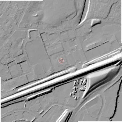 Shaded relief map of the ground around M446RA, computed from Environment Agency LiDAR. The ground here sits at about 15 m above sea level and falls 23 m across the surrounding 800 m. Surface water reaching this point runs off ground lying to the south-west, 0.6 m higher.