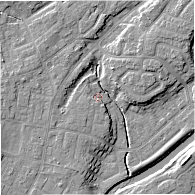 Shaded relief map of the ground around M446RD, computed from Environment Agency LiDAR. The ground here sits at about 16 m above sea level and falls 11 m across the surrounding 800 m. Surface water reaching this point runs off ground lying to the south-west, 3.3 m higher.