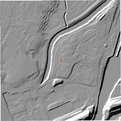 Shaded relief map of the ground around M446RF, computed from Environment Agency LiDAR. The ground here sits at about 16 m above sea level and falls 24 m across the surrounding 800 m. Surface water reaching this point runs off ground lying to the north-east, 1.6 m higher.