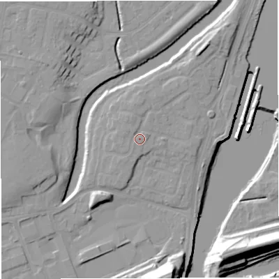 Shaded relief map of the ground around M446RG, computed from Environment Agency LiDAR. The ground here sits at about 16 m above sea level and falls 24 m across the surrounding 800 m. Surface water reaching this point runs off ground lying to the north-west, 1.0 m higher.