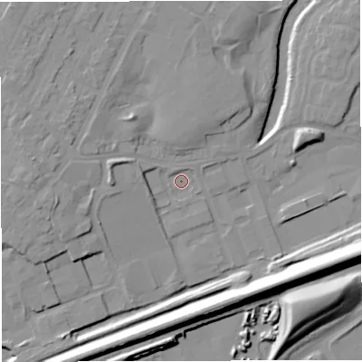 Shaded relief map of the ground around M446RJ, computed from Environment Agency LiDAR. The ground here sits at about 15 m above sea level and falls 20 m across the surrounding 800 m. Surface water reaching this point runs off ground lying to the west, 3.5 m higher.