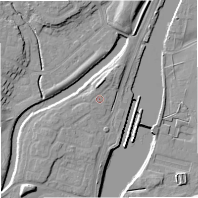 Shaded relief map of the ground around M446RL, computed from Environment Agency LiDAR. The ground here sits at about 17 m above sea level and falls 13 m across the surrounding 800 m. Surface water reaching this point runs off ground lying to the north, 3.1 m higher.