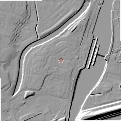 Shaded relief map of the ground around M446RN, computed from Environment Agency LiDAR. The ground here sits at about 15 m above sea level and falls 24 m across the surrounding 800 m. Surface water reaching this point runs off ground lying to the north-north-east, 5.0 m higher.