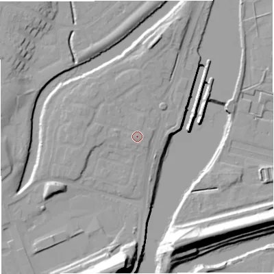 Shaded relief map of the ground around M446RP, computed from Environment Agency LiDAR. The ground here sits at about 16 m above sea level and falls 24 m across the surrounding 800 m. Surface water reaching this point runs off ground lying to the north, 5.0 m higher.