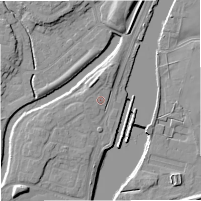 Shaded relief map of the ground around M446RQ, computed from Environment Agency LiDAR. The ground here sits at about 17 m above sea level and falls 13 m across the surrounding 800 m. Surface water reaching this point runs off ground lying to the north-north-west, 4.0 m higher.