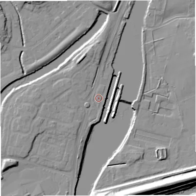 Shaded relief map of the ground around M446RT, computed from Environment Agency LiDAR. The ground here sits at about 15 m above sea level and falls 23 m across the surrounding 800 m. Surface water reaching this point runs off ground lying to the north-north-west, 5.6 m higher.